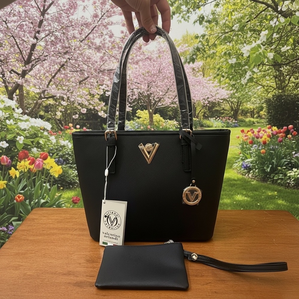Valentino Orlandi Tote Bag Womens Handbag OS Black Saffiano Leather Classic Chic
